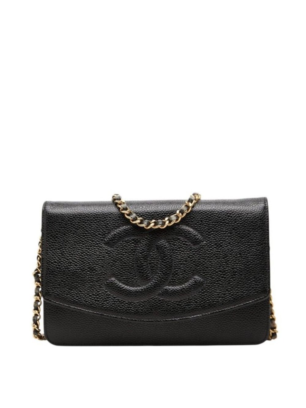 Chanel CC Logo Crossbody Chain Wallet Shoulder Bag Black Caviar Leather